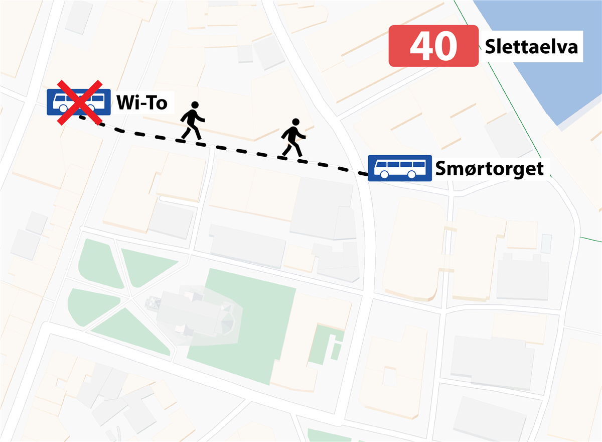Kart over midlertidig holdeplass "Smørtorget"i Tromsø sentrum for linje 40 (mot Slettaelva)fra 17.januar 2024 og inntill videre - Klikk for stort bilde