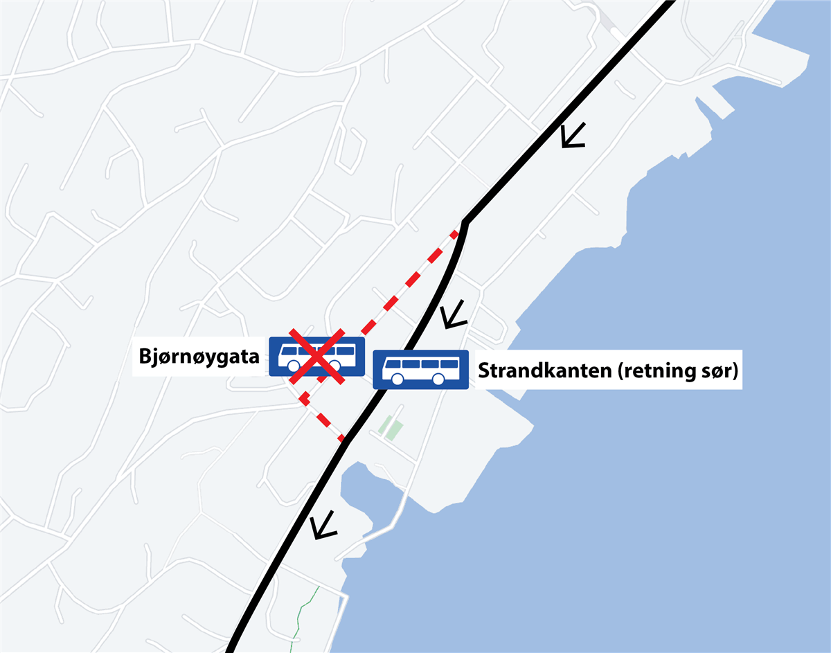 Kart over ny midlertidig trase linje 33. Viser stengt holdeplass Bjørnøygata og mislertidig holdeplass Strankanten. Illustrasjon. - Klikk for stort bilde