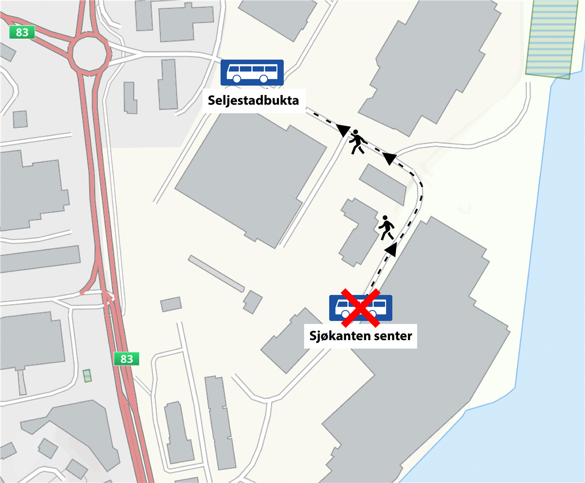 Kart over stengt holdeplass Sjøkanten senter og rute til midlertidig holdeplass Seljestadbukta. Illustrasjon. - Klikk for stort bilde