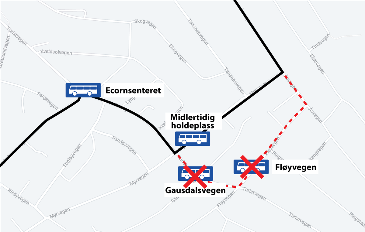 Illustrert kart over midlertig omkjøring via Myrvegen fra 11.september til 21.september for linje 26 - Klikk for stort bilde