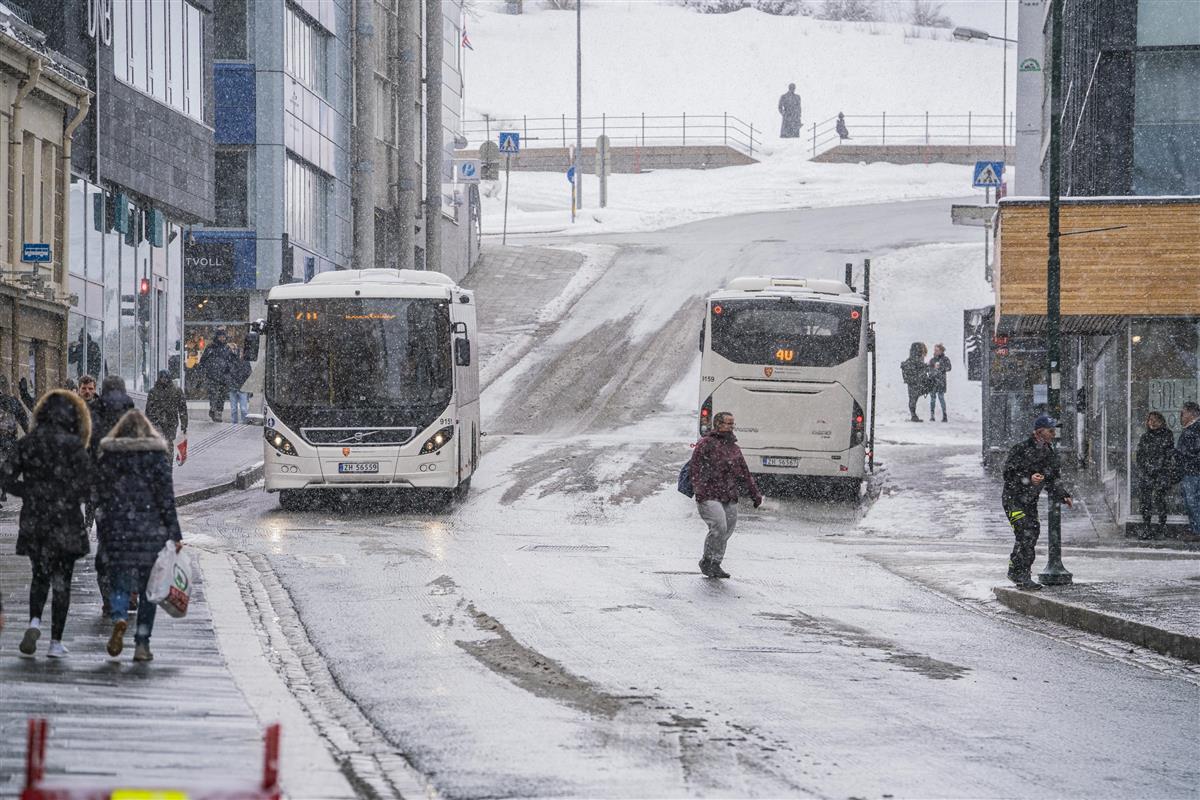 Bilde av busser og folk i flott vintervær - Klikk for stort bilde