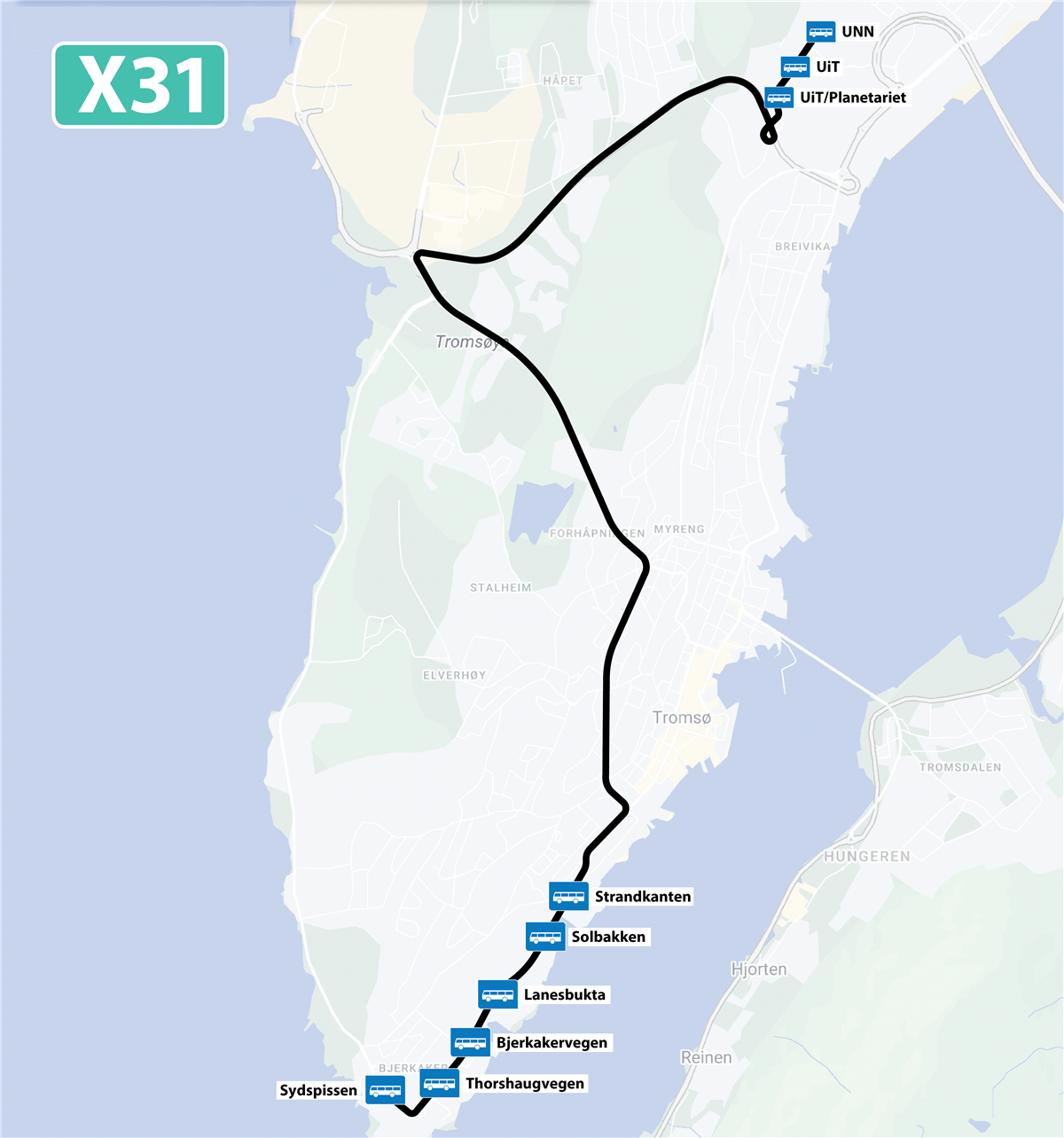 Midlertidig trase for linje x31 i forbindelse med tunnelstenging i Tromsø - Klikk for stort bilde
