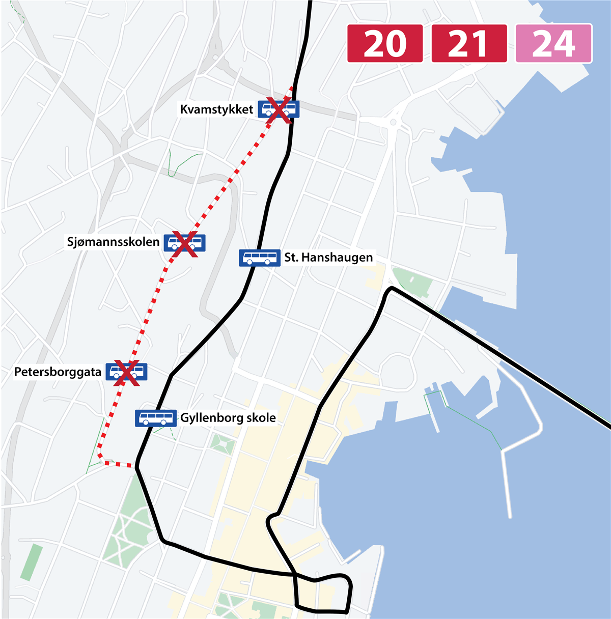 Kart som viser omkjøring for linje 20, 21 og 24 i forbindelse med vegarbeid i Petersborggata - Klikk for stort bilde